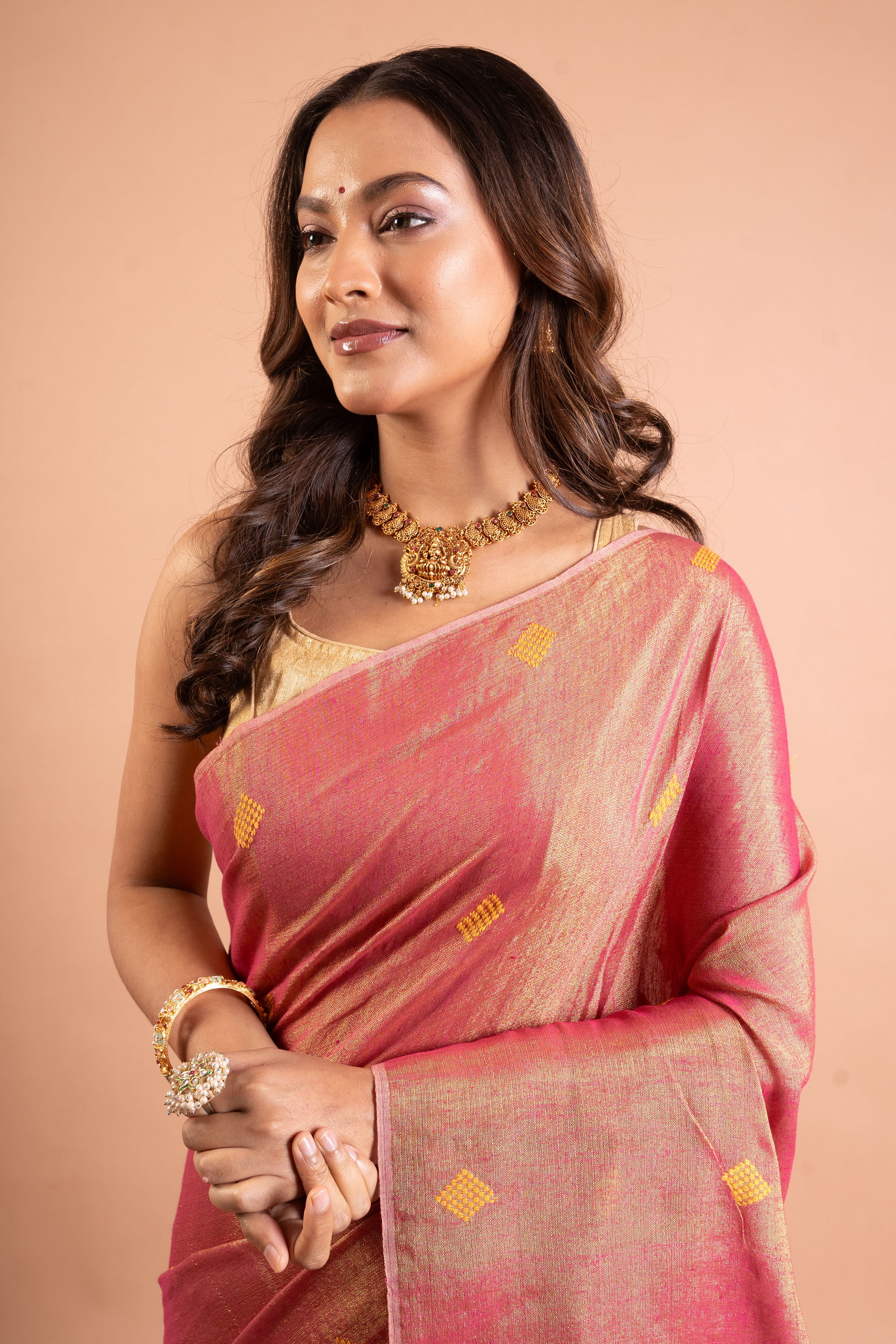 Rose-Gold Buti Linen Tissue Saree with Zari Striped Pallu
