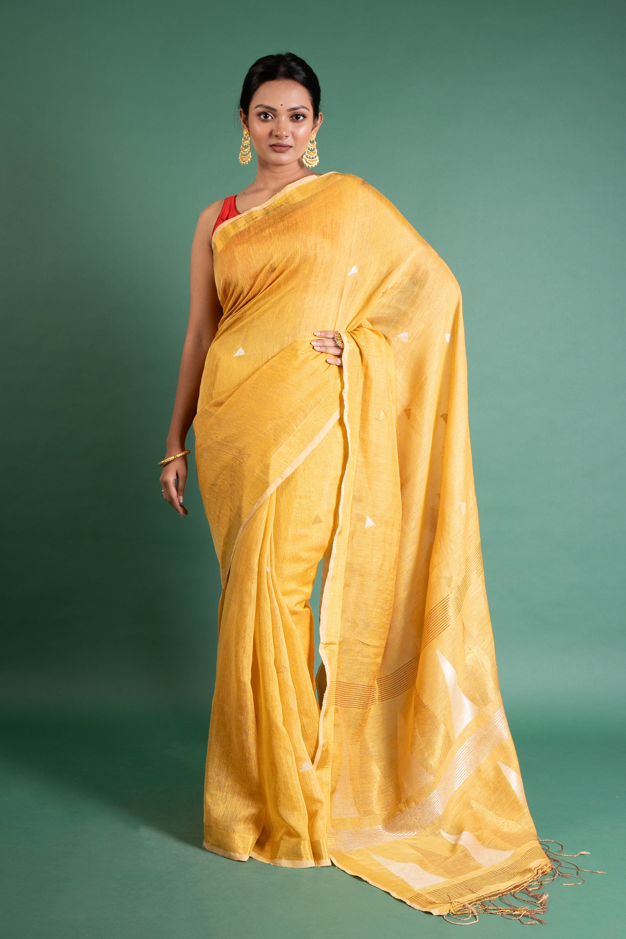 Sunlit Mustard Linen Tissue Saree with Silver Butis