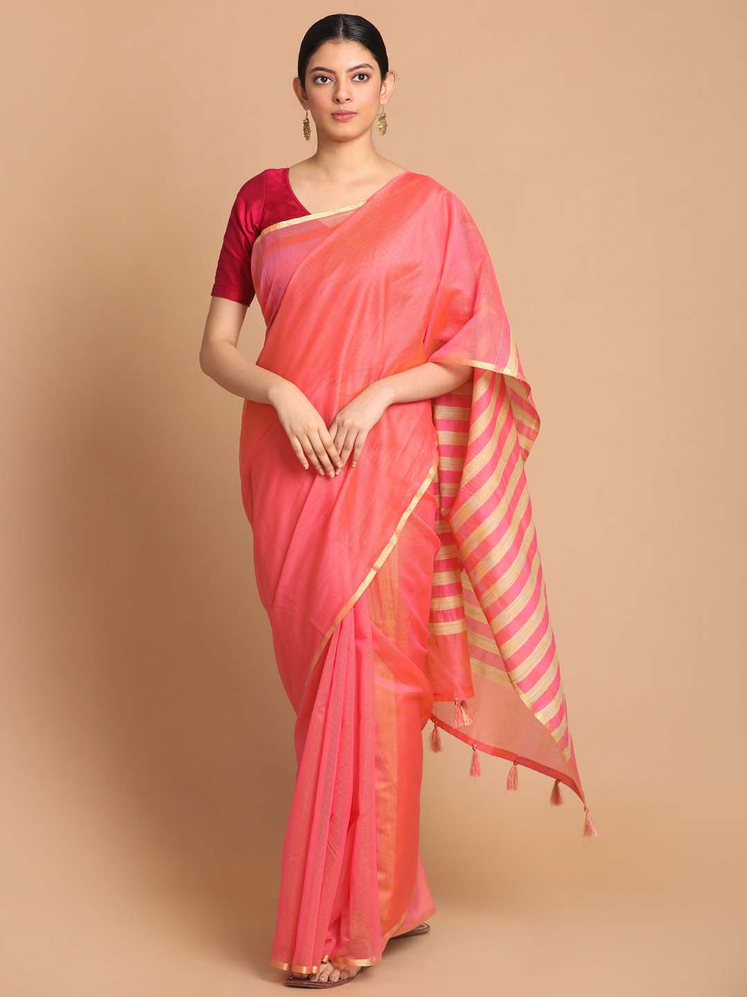 Indethnic Banarasi Orange Solid Daily Wear Saree - View 1