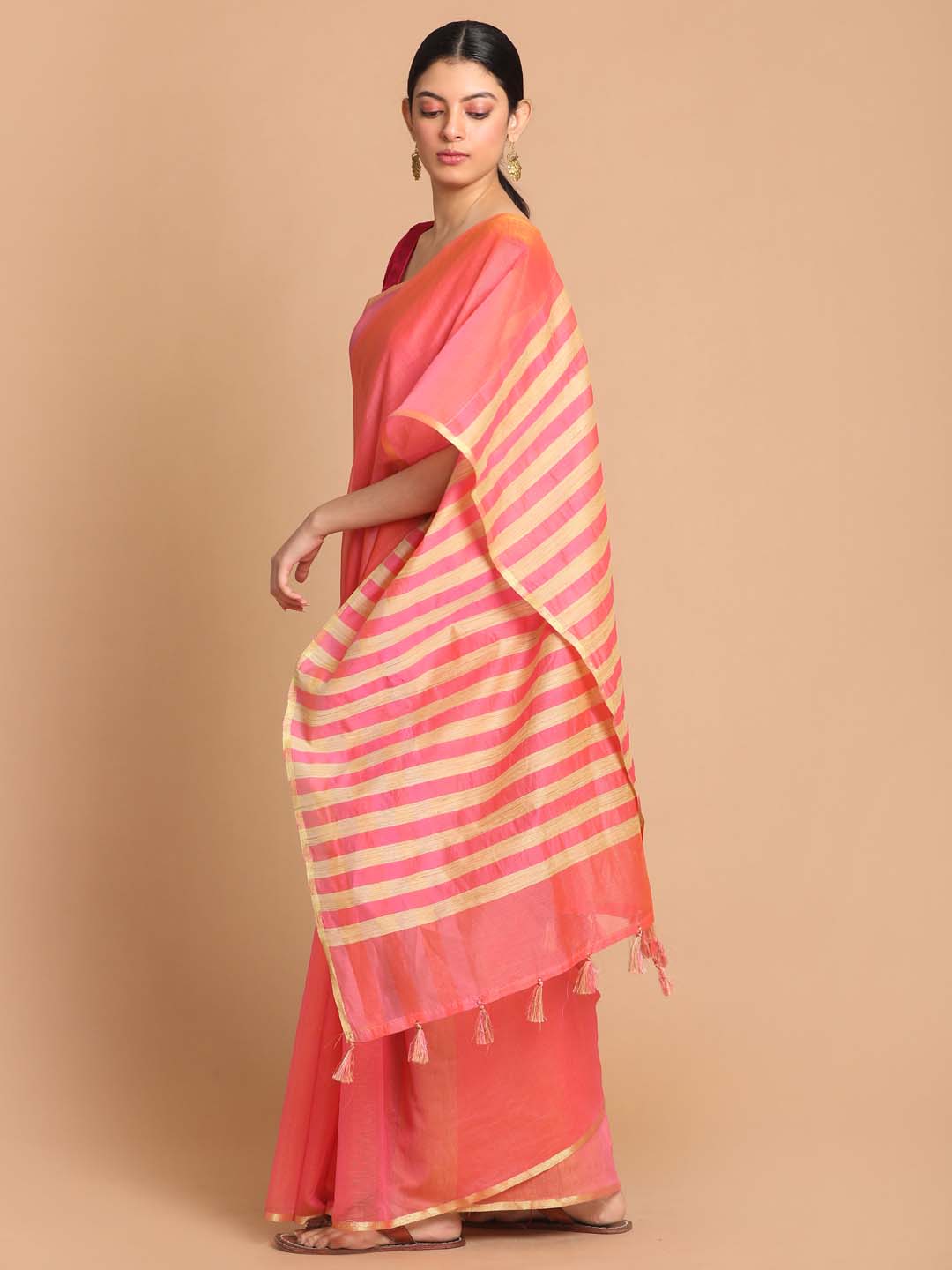 Indethnic Banarasi Orange Solid Daily Wear Saree - View 2