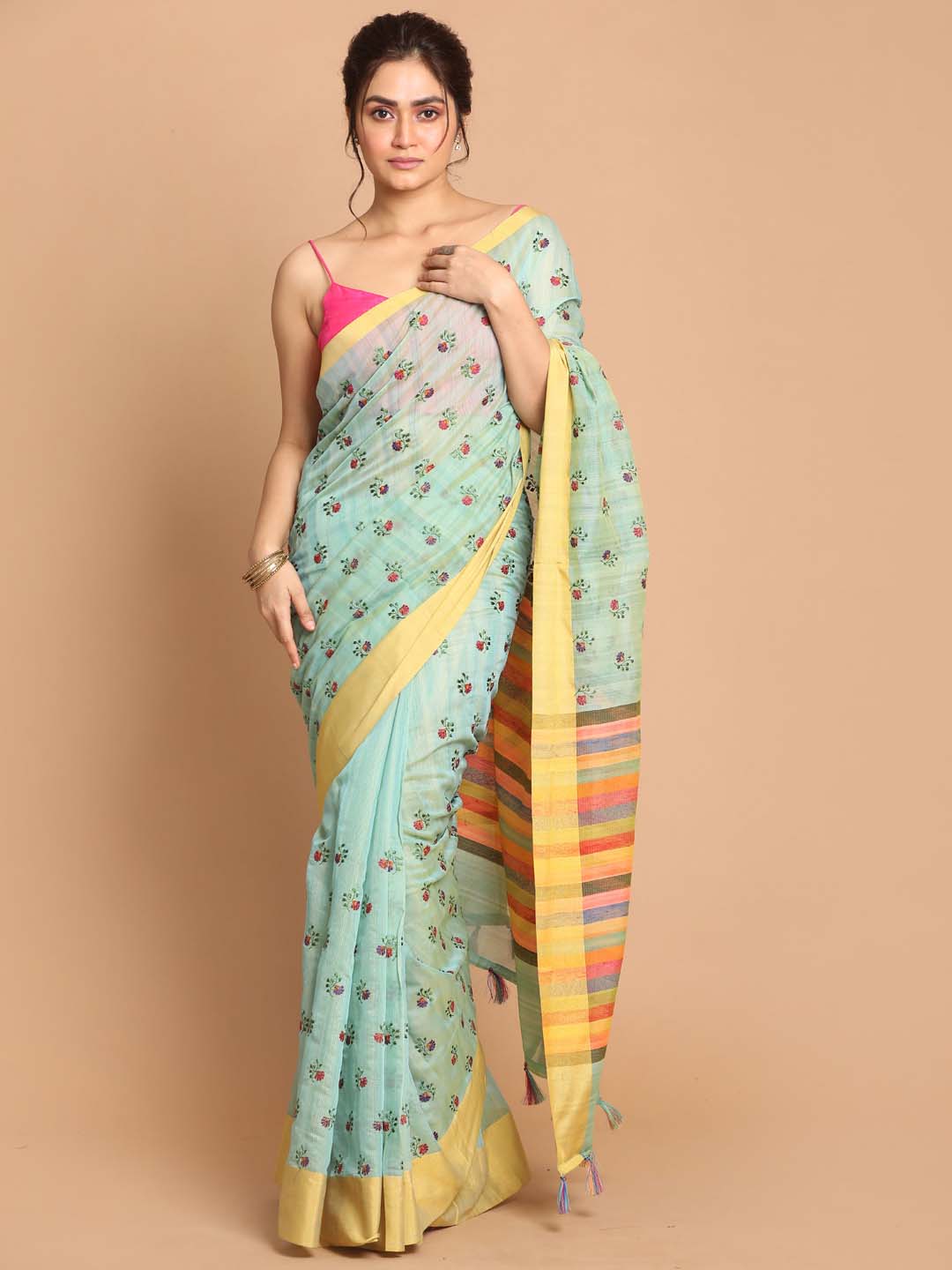 Indethnic Banarasi Sea Green Embroidered Daily Wear Saree - View 1