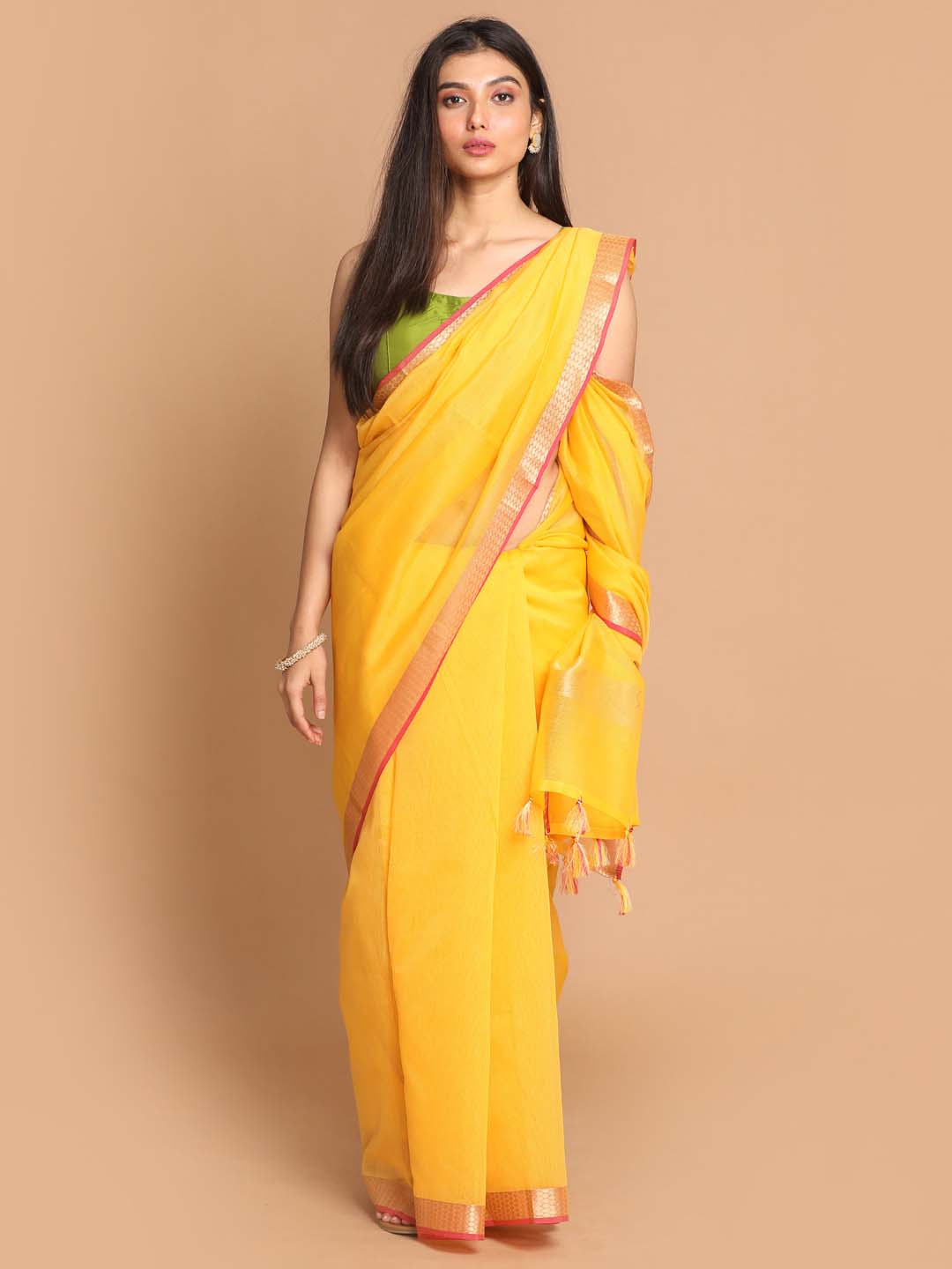 Indethnic Banarasi Yellow Solid Daily Wear Saree - View 1