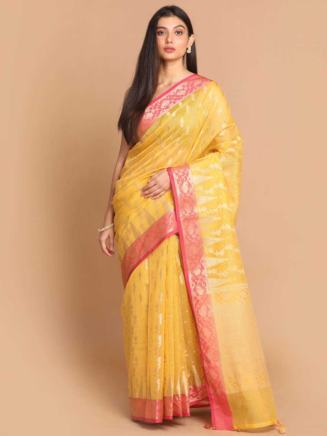 Indethnic Banarasi Yellow Woven Design Daily Wear Saree - View 1