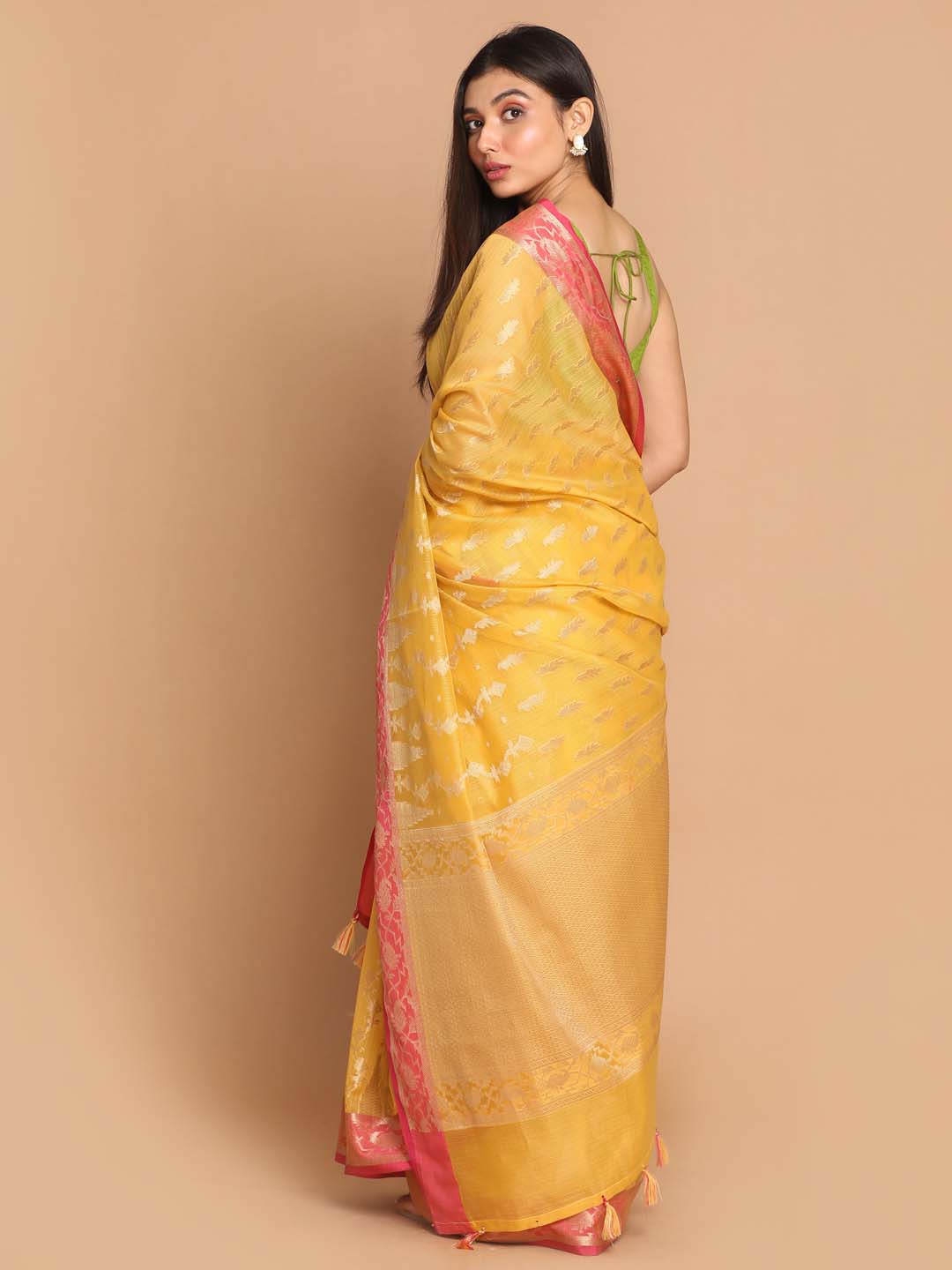 Indethnic Banarasi Yellow Woven Design Daily Wear Saree - View 3