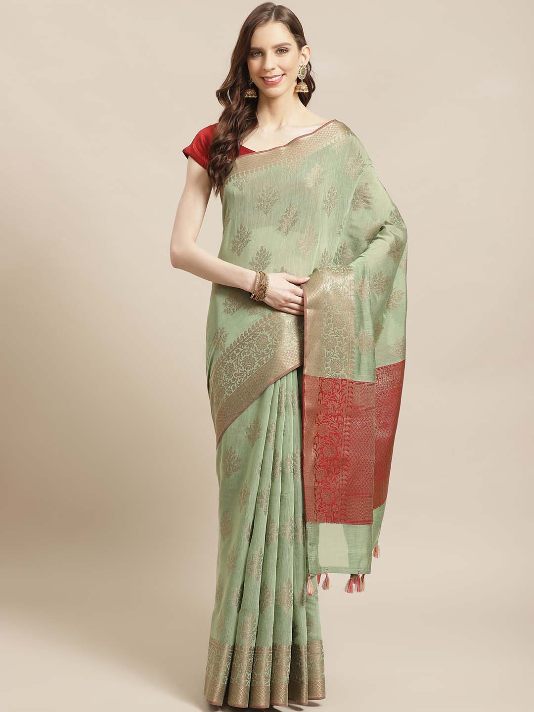 Indethnic Banarasi Green Woven Design Party Wear Saree - View 1