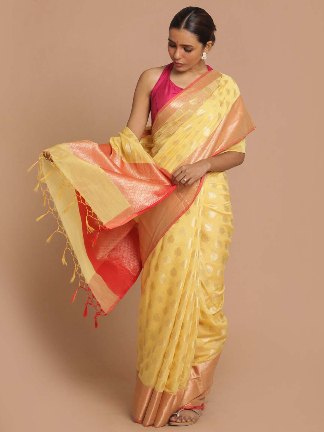 Indethnic Banarasi Yellow Woven Design Festive Wear Saree - View 1