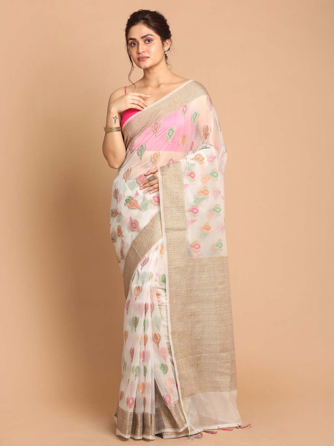 Indethnic Banarasi White Woven Design Festive Wear Saree - View 1