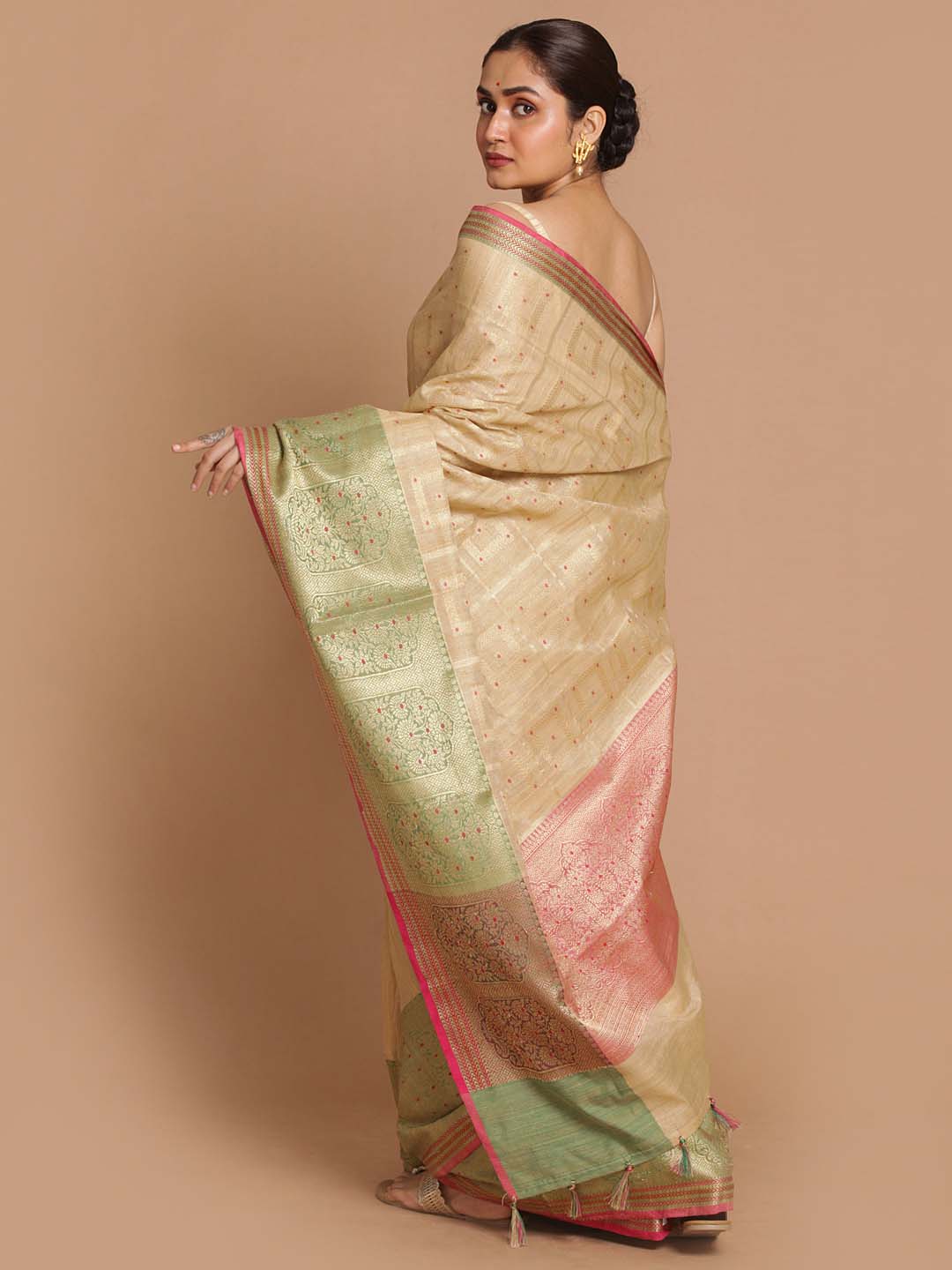 Indethnic Banarasi Beige Woven Design Festive Wear Saree - View 3