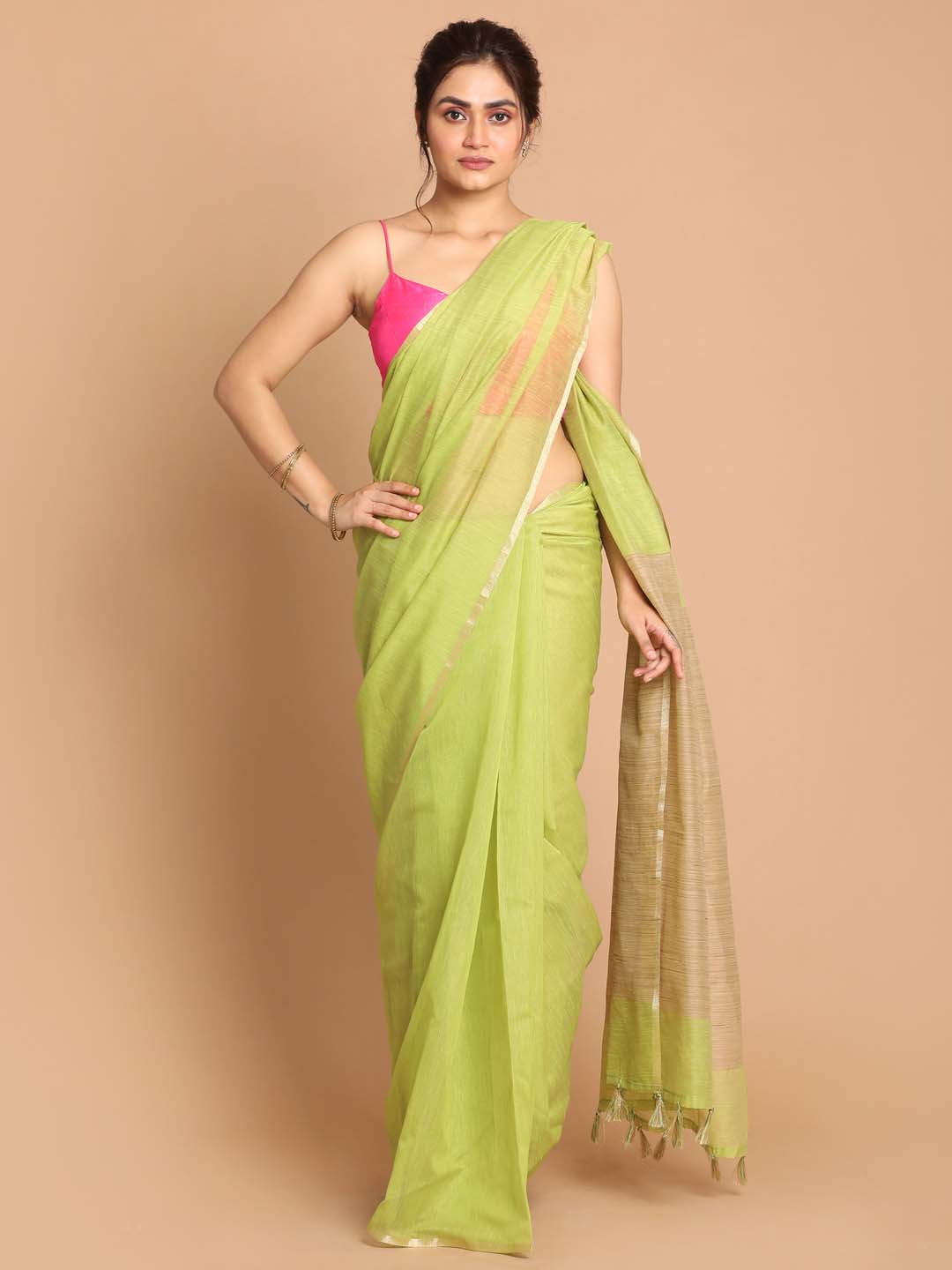Indethnic Banarasi Lime Green Solid Daily Wear Saree - View 1