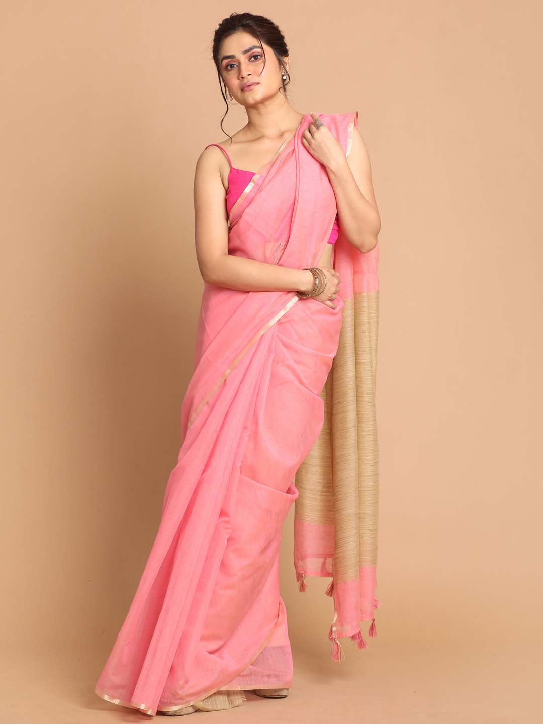 Indethnic Banarasi Pink Solid Daily Wear Saree - View 1