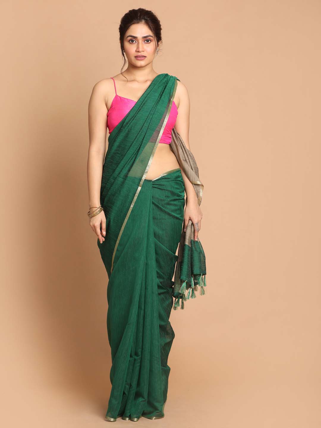 Indethnic Banarasi Bottle Green Solid Daily Wear Saree - View 1