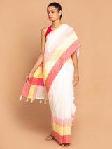 SUN-KISSED HARMONY: NITHYA'S RADIANT STRIPES SAREE (BANARASI LINEN SAREE)