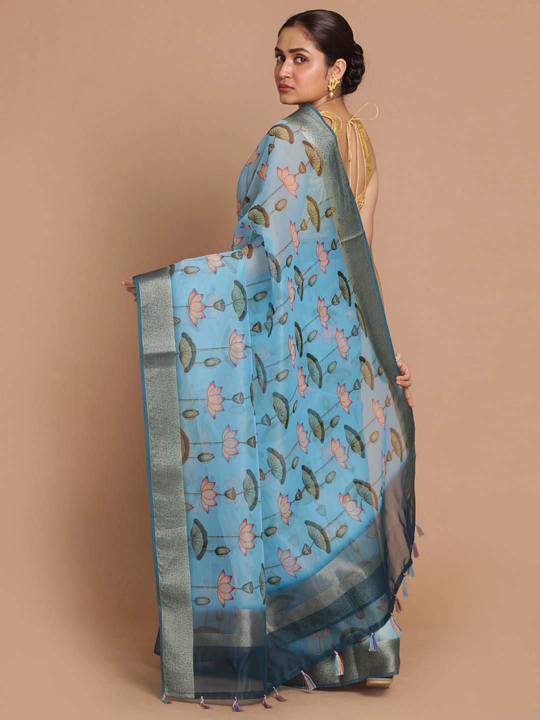 Indethnic Banarasi Blue Printed Party Wear Saree - View 3