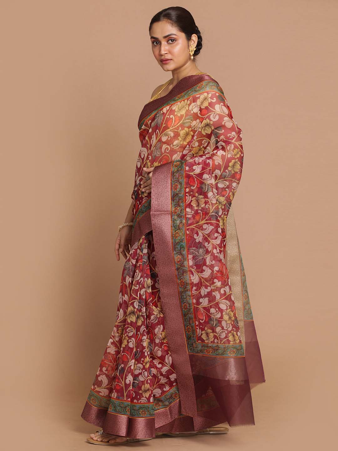 Indethnic Banarasi Maroon Printed Party Wear Saree - View 2