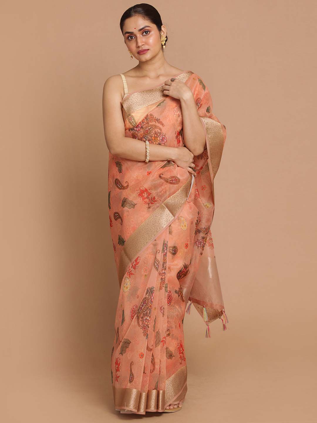 Indethnic Banarasi Orange Printed Party Wear Saree - View 2