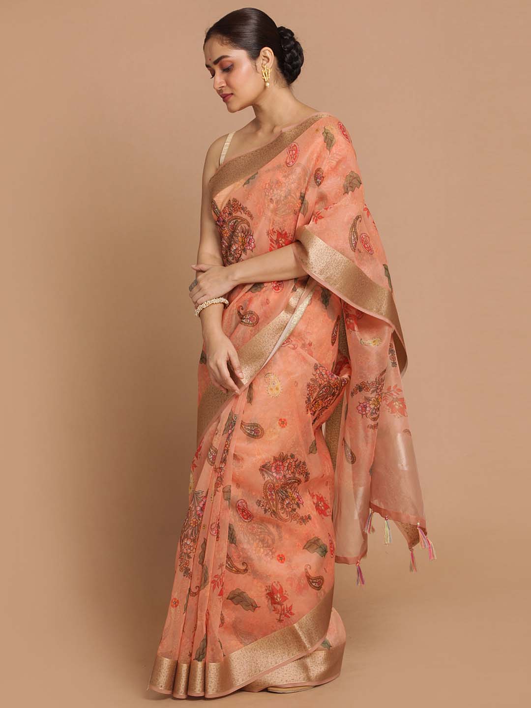 Indethnic Banarasi Orange Printed Party Wear Saree - Saree Detail View