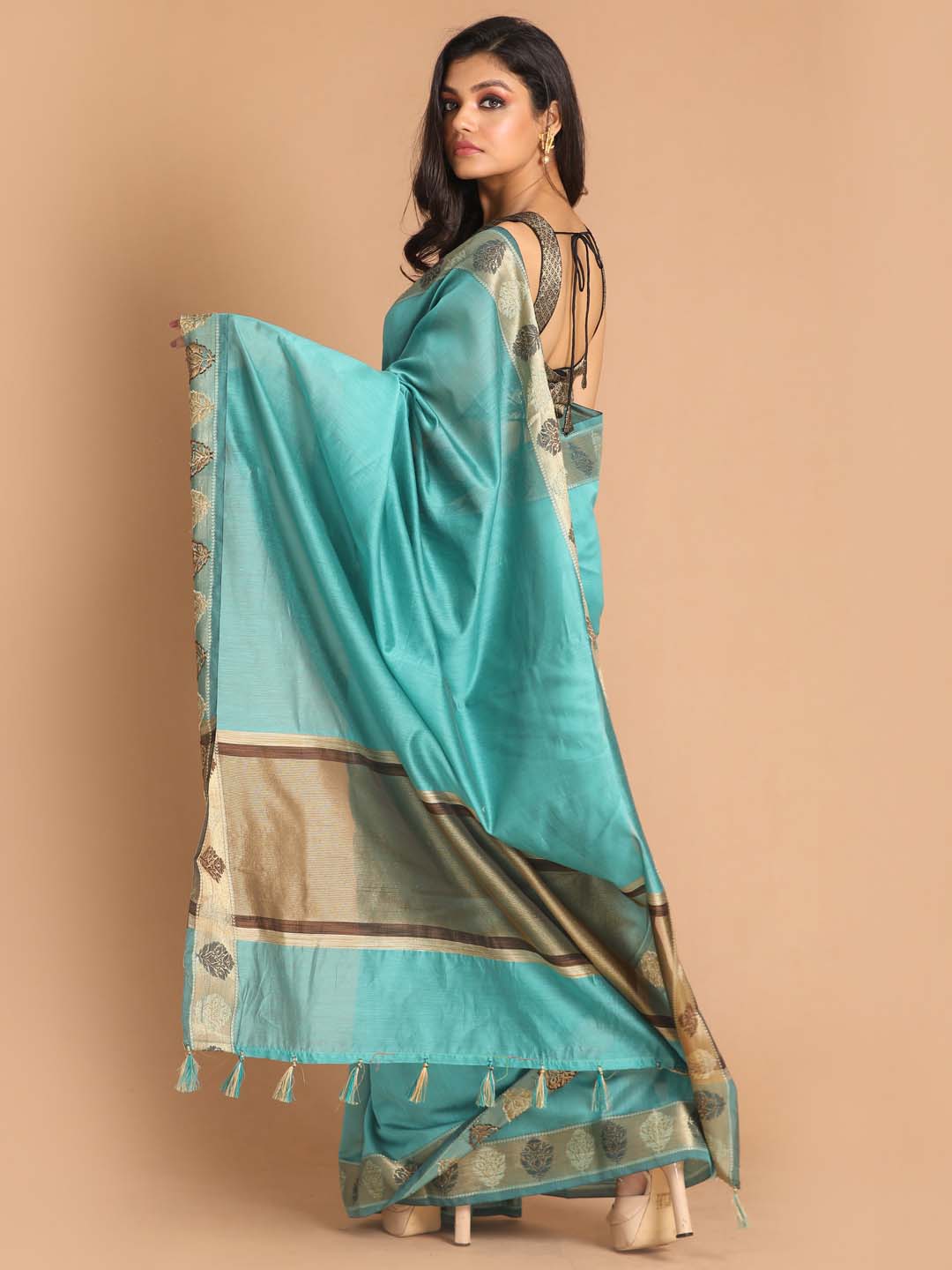 Indethnic Banarasi Teal Solid Work Wear Saree - View 3