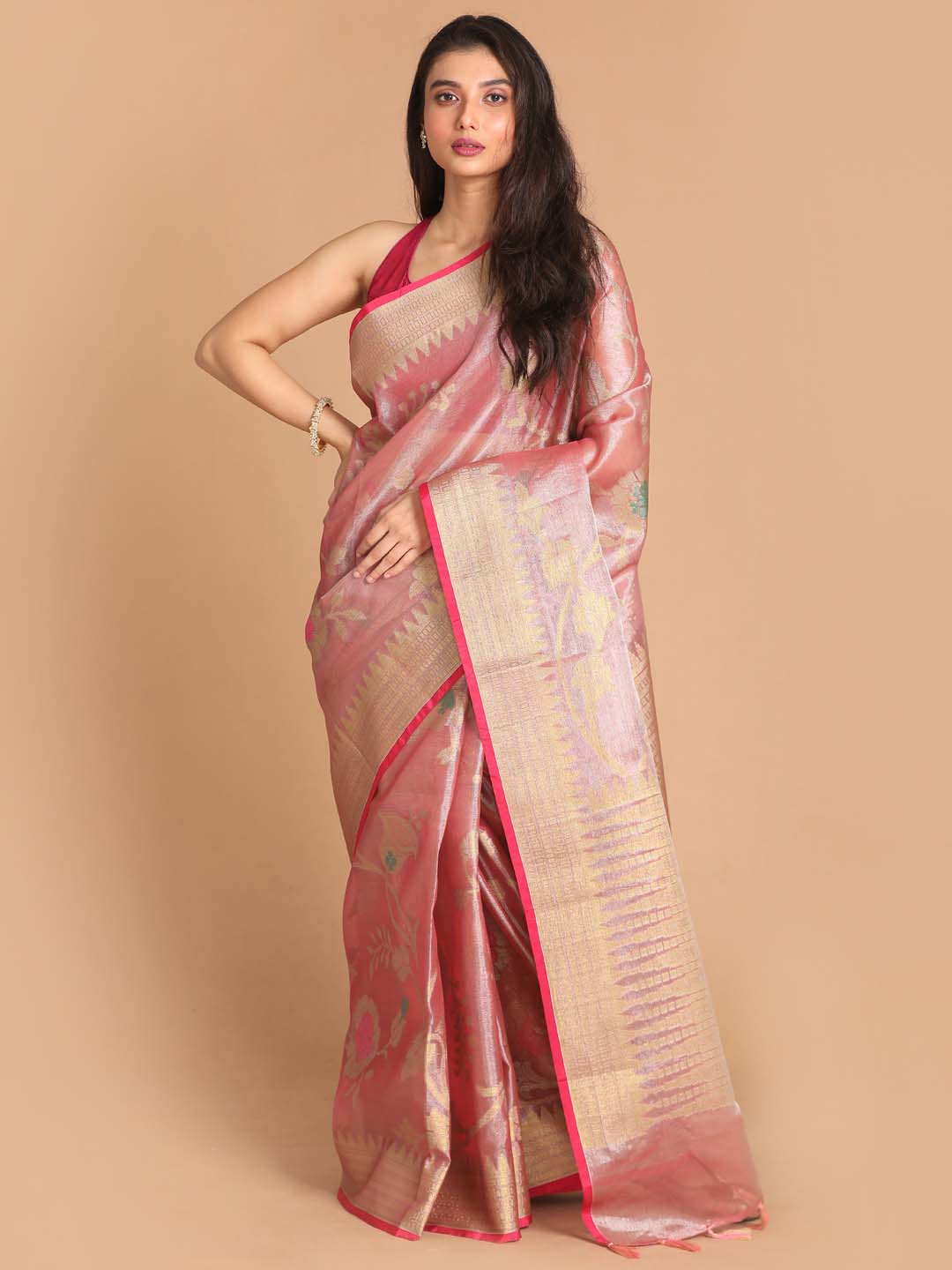 Indethnic Banarasi Coral Woven Design Party Wear Saree - View 1