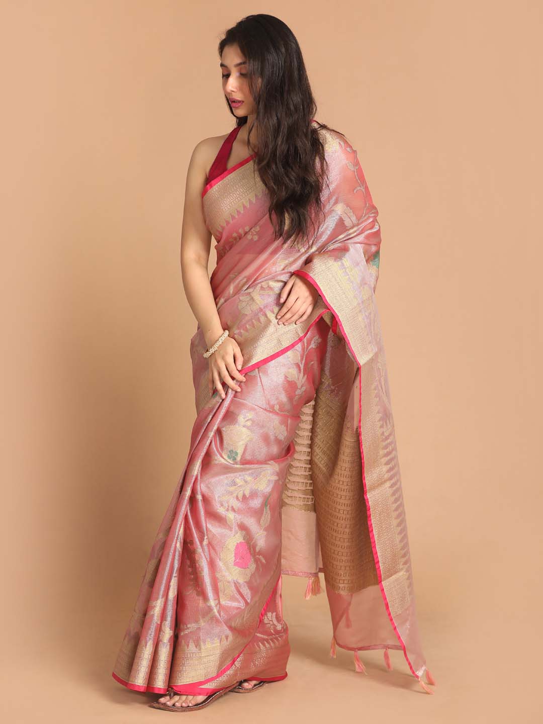 Indethnic Banarasi Coral Woven Design Party Wear Saree - View 2
