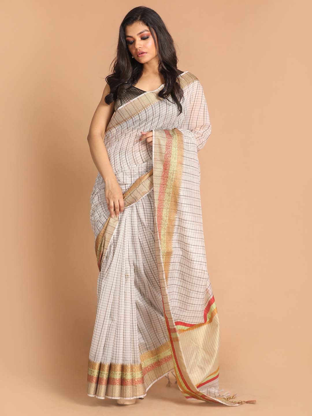 Indethnic Banarasi Grey Checked Work Wear Saree - View 1