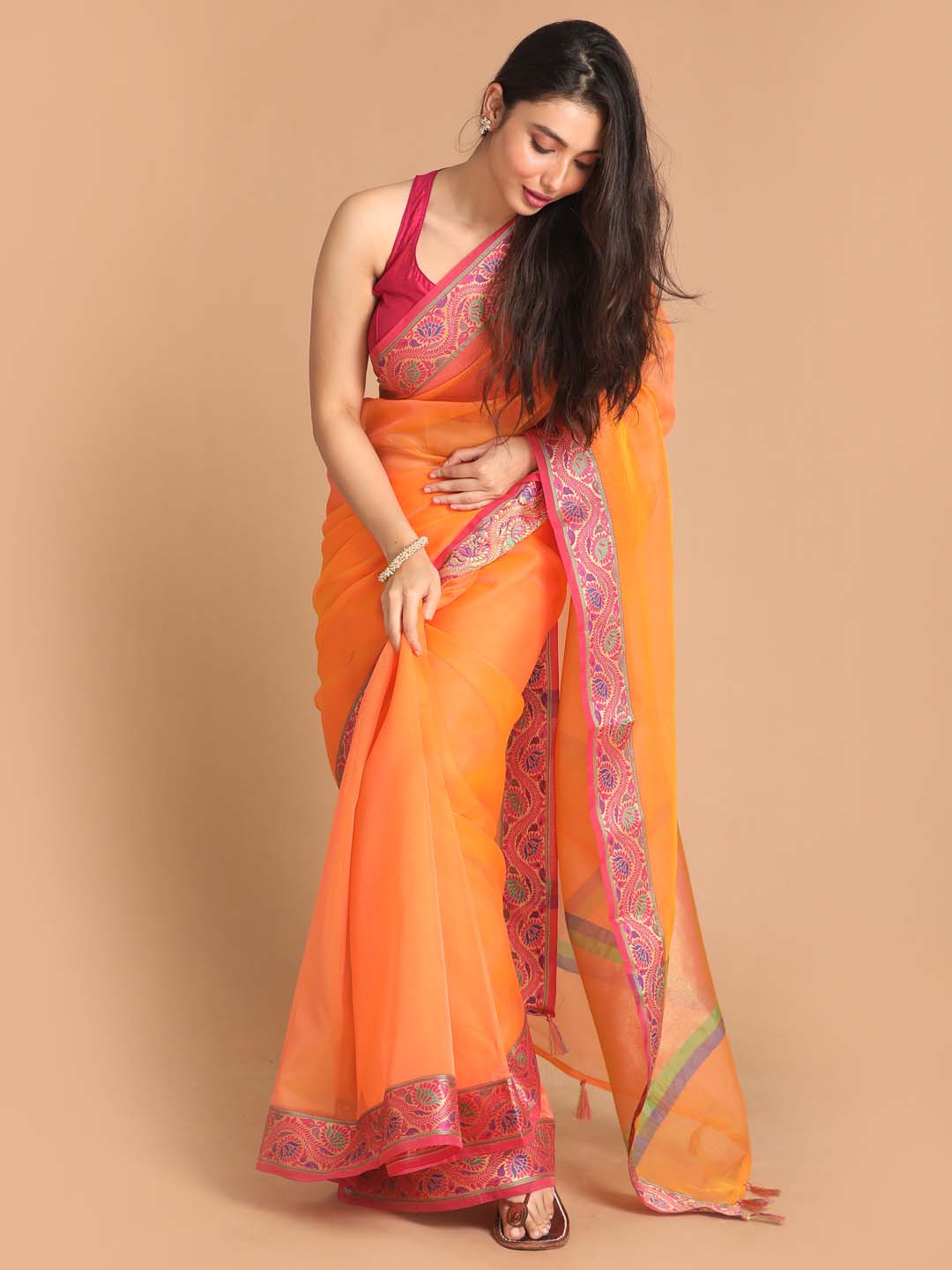 Indethnic Banarasi Orange Solid Party Wear Saree - View 1