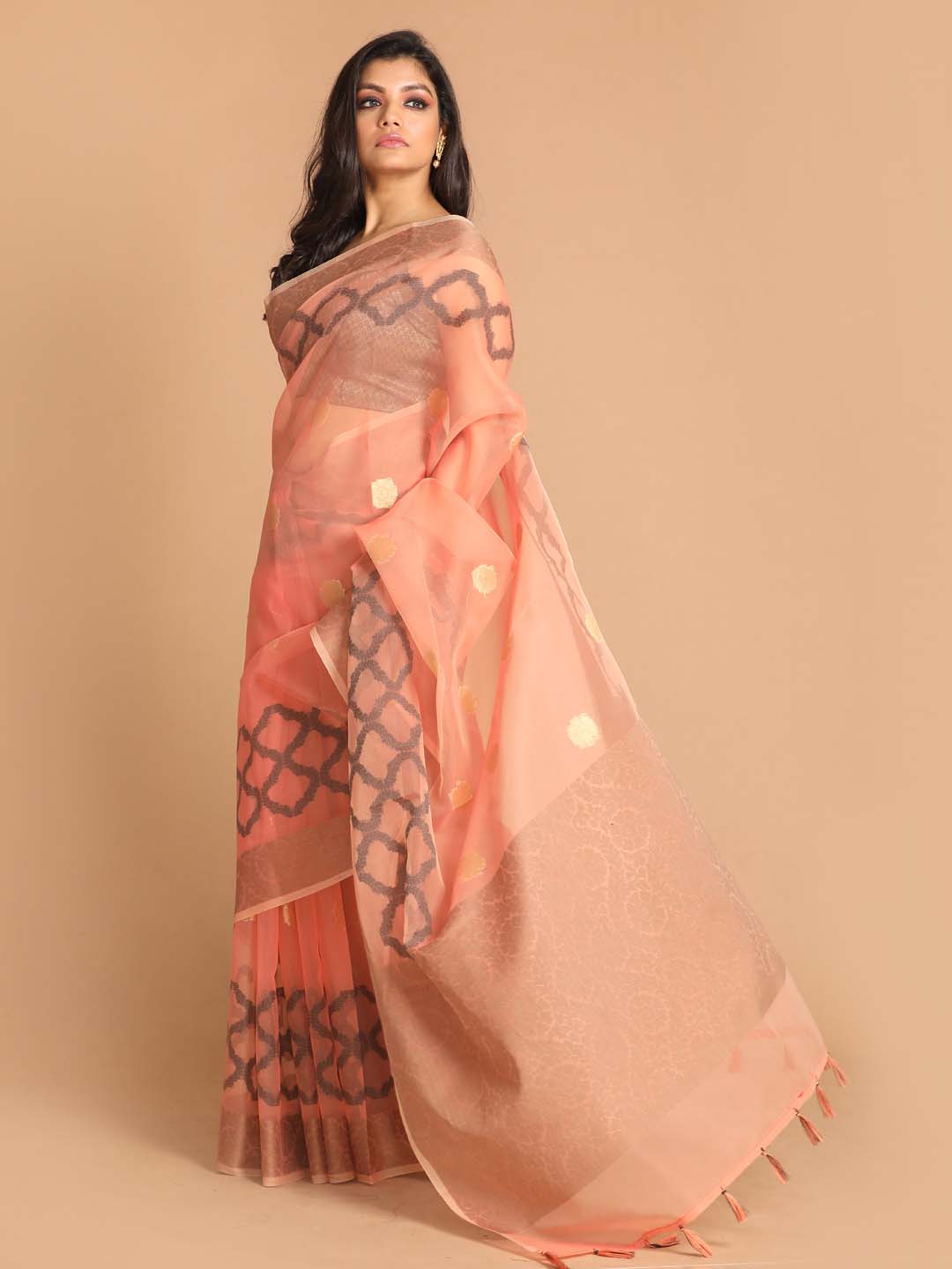 Indethnic Banarasi Peach Woven Design Party Wear Saree - View 2