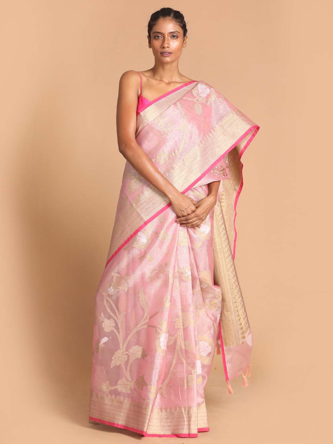 Indethnic Banarasi Pink Woven Design Party Wear Saree - View 1