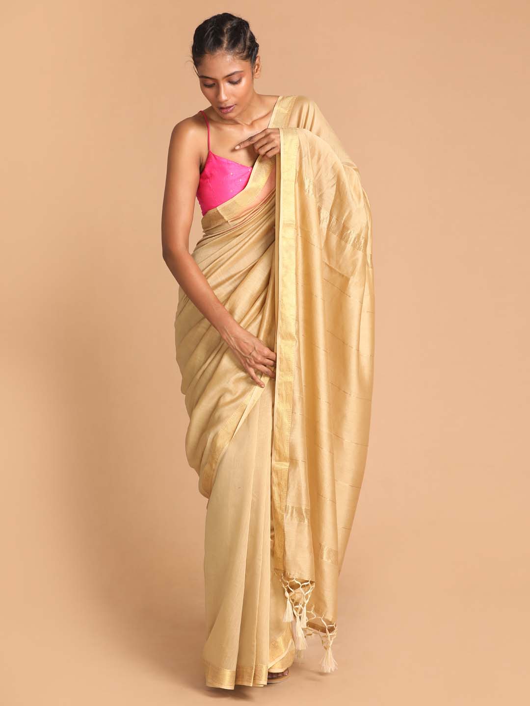 Indethnic Banarasi Beige Solid Work Wear Saree - View 1