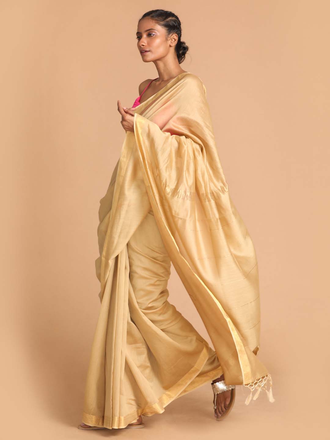 Indethnic Banarasi Beige Solid Work Wear Saree - View 2