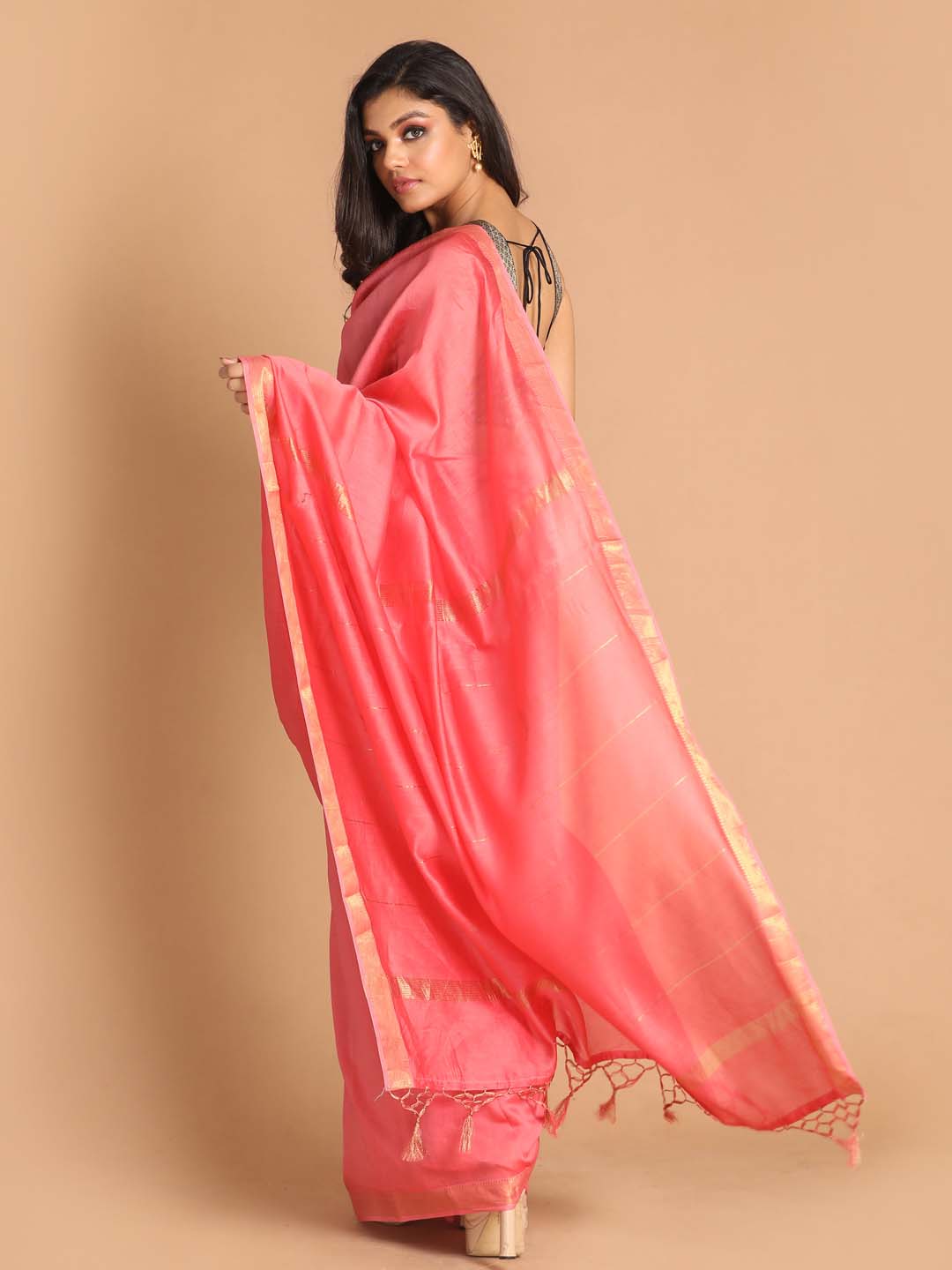 Indethnic Banarasi Coral Solid Work Wear Saree - View 3