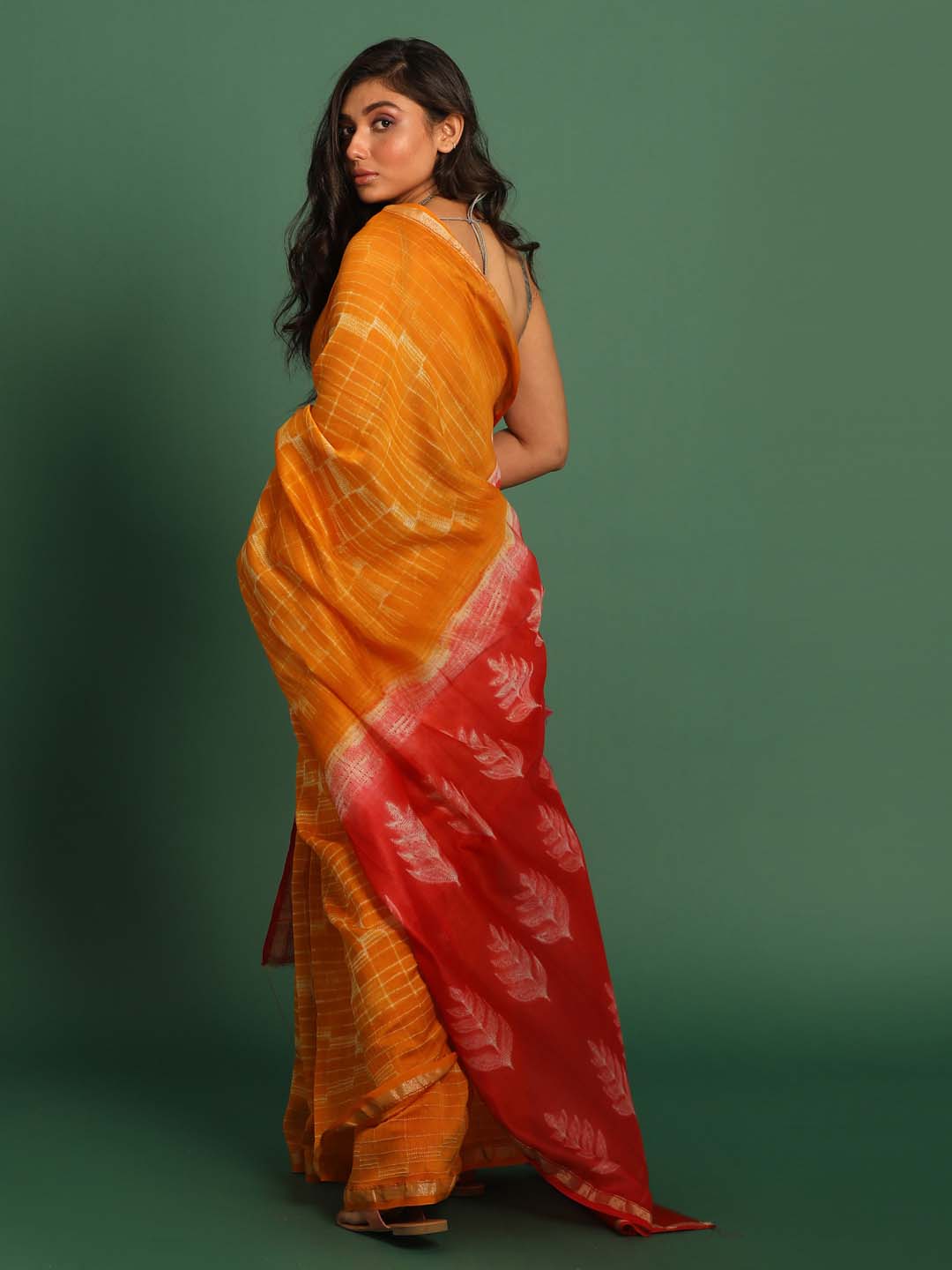 Indethnic Shibori Silk Cotton Saree in Yellow - View 3