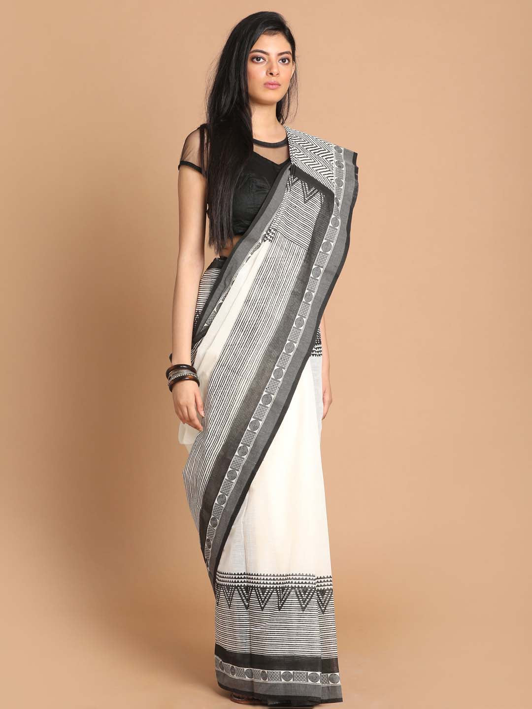 Indethnic Printed Pure Cotton Saree in Black - View 1