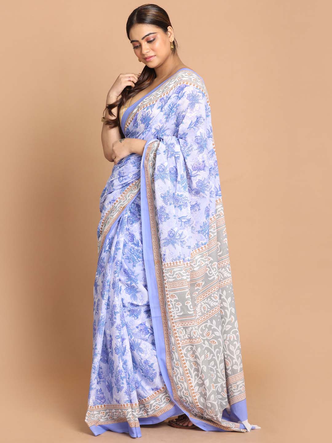 Indethnic Printed Pure Cotton Saree in Lavendar - View 2