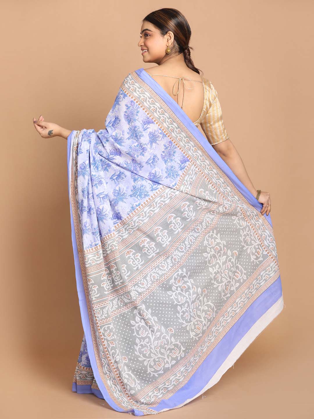 Indethnic Printed Pure Cotton Saree in Lavendar - View 3