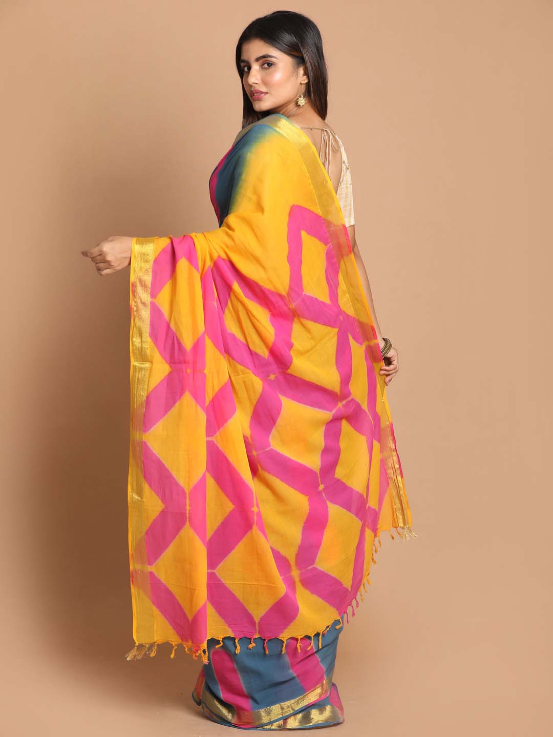 Indethnic Printed Pure Cotton Saree in Multi - View 3