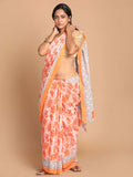 Indethnic Printed Pure Cotton Saree in Orange - View 1