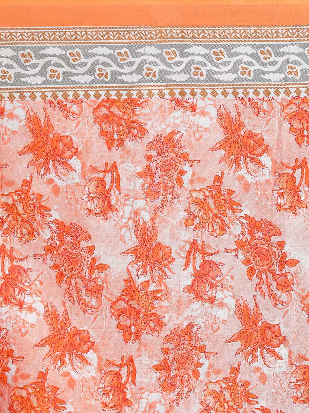 Indethnic Printed Pure Cotton Saree in Orange - Saree Detail View