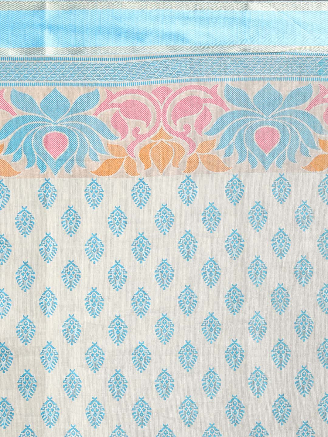 Indethnic Printed Cotton Blend Saree in Blue - Saree Detail View