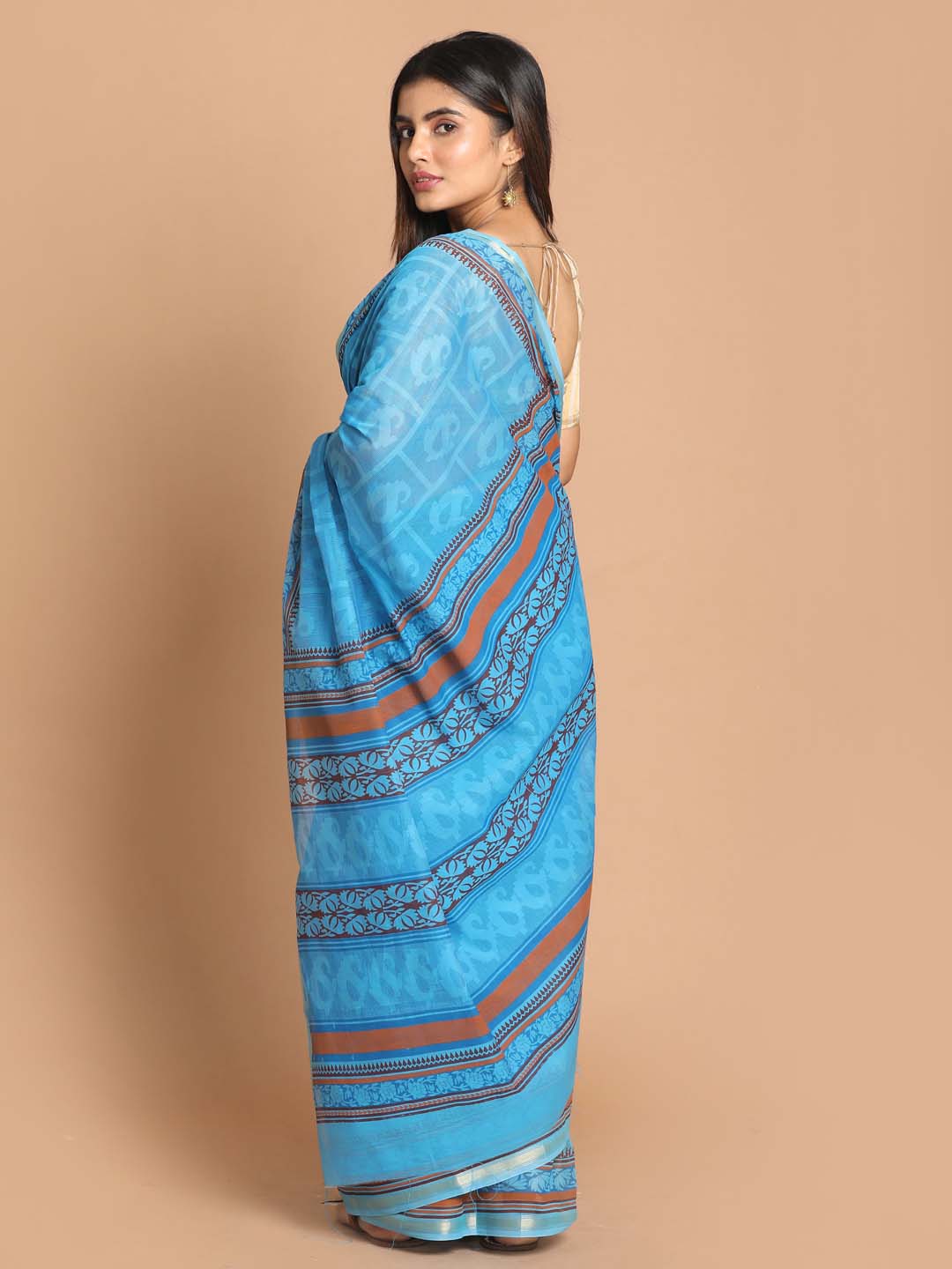 Indethnic Printed Cotton Blend Saree in Blue - View 3