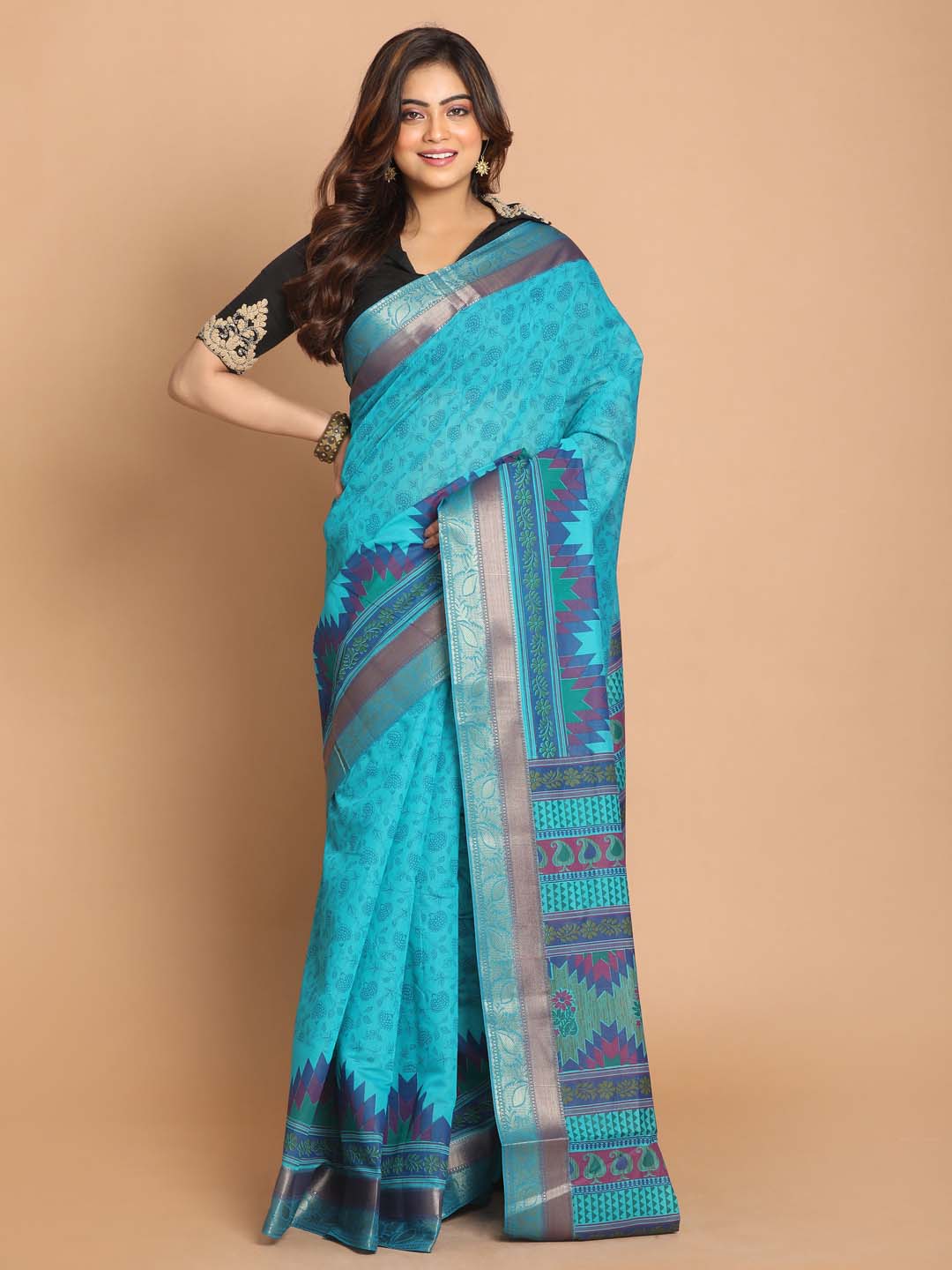 Indethnic Printed Cotton Blend Saree in Blue - View 1