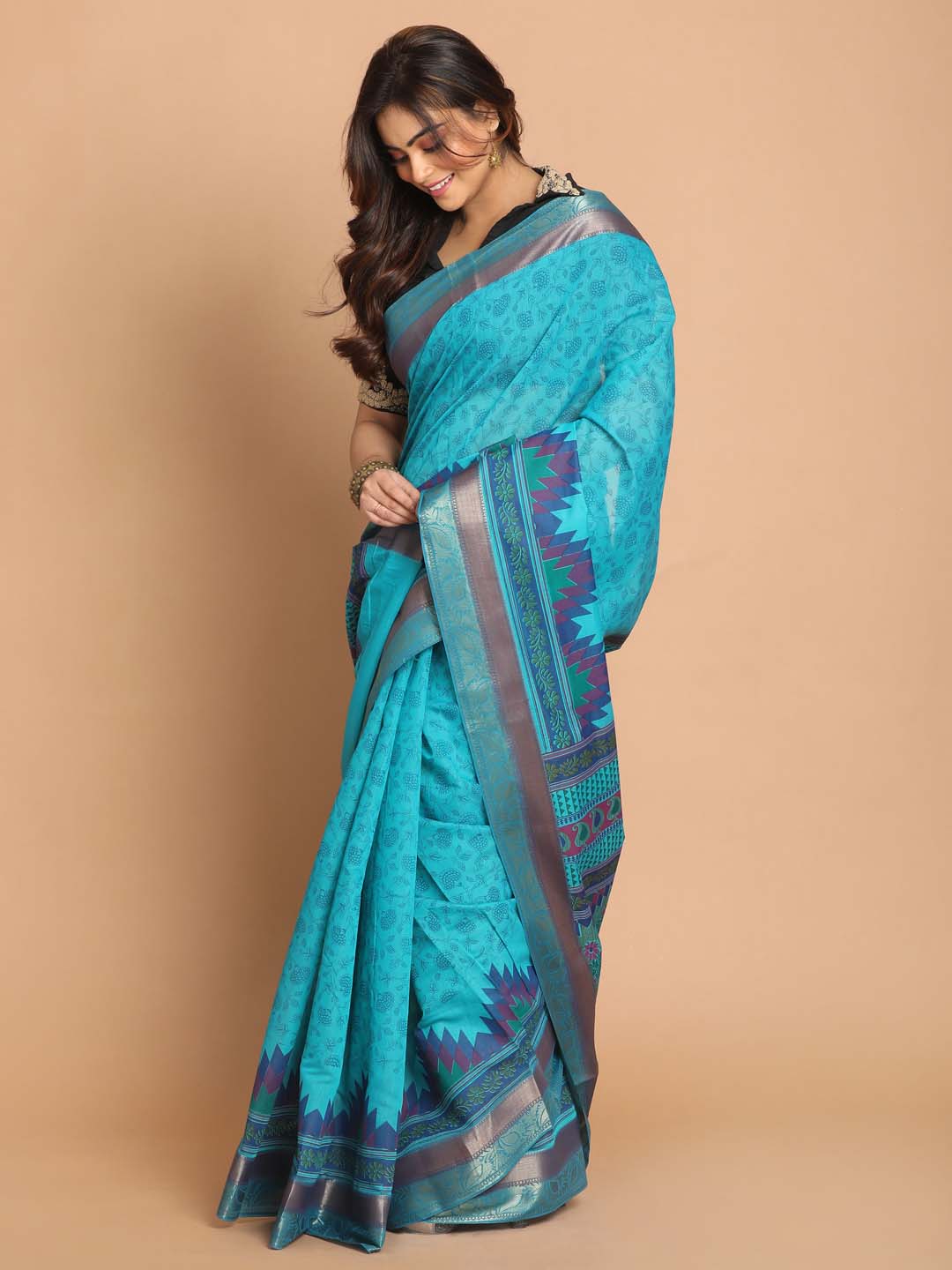 Indethnic Printed Cotton Blend Saree in Blue - View 2