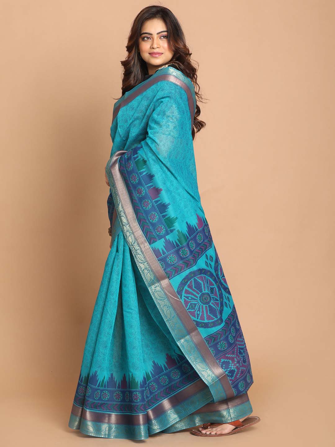 Indethnic Printed Cotton Blend Saree in Blue - View 2