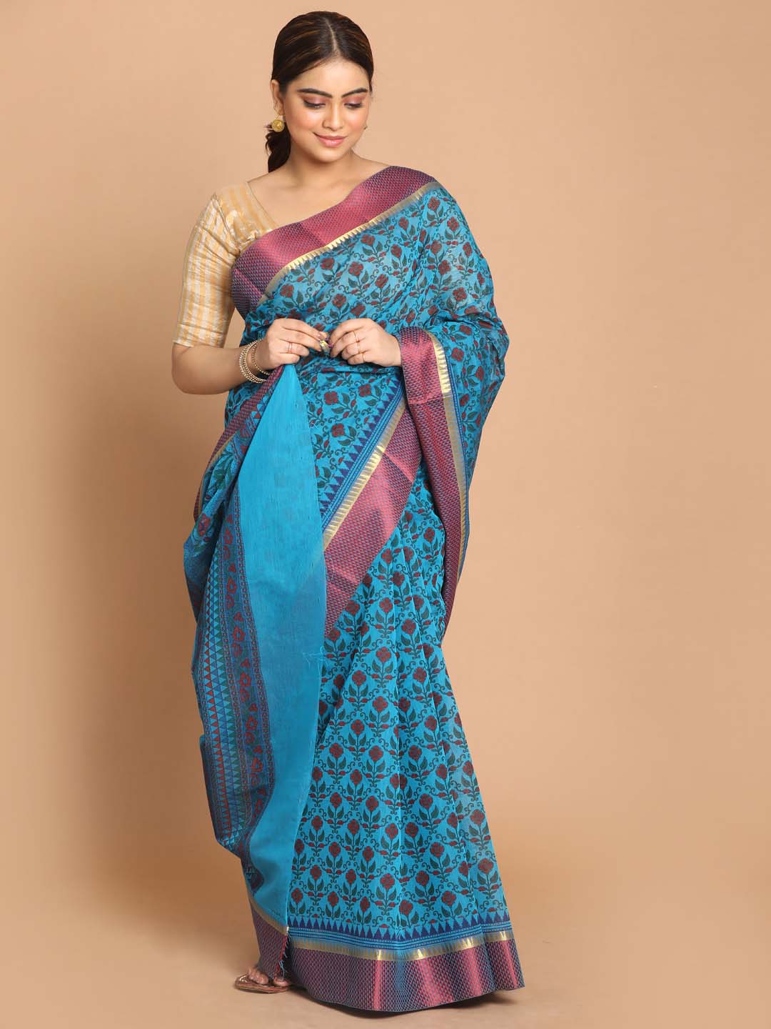 Indethnic Printed Cotton Blend Saree in Blue - View 1