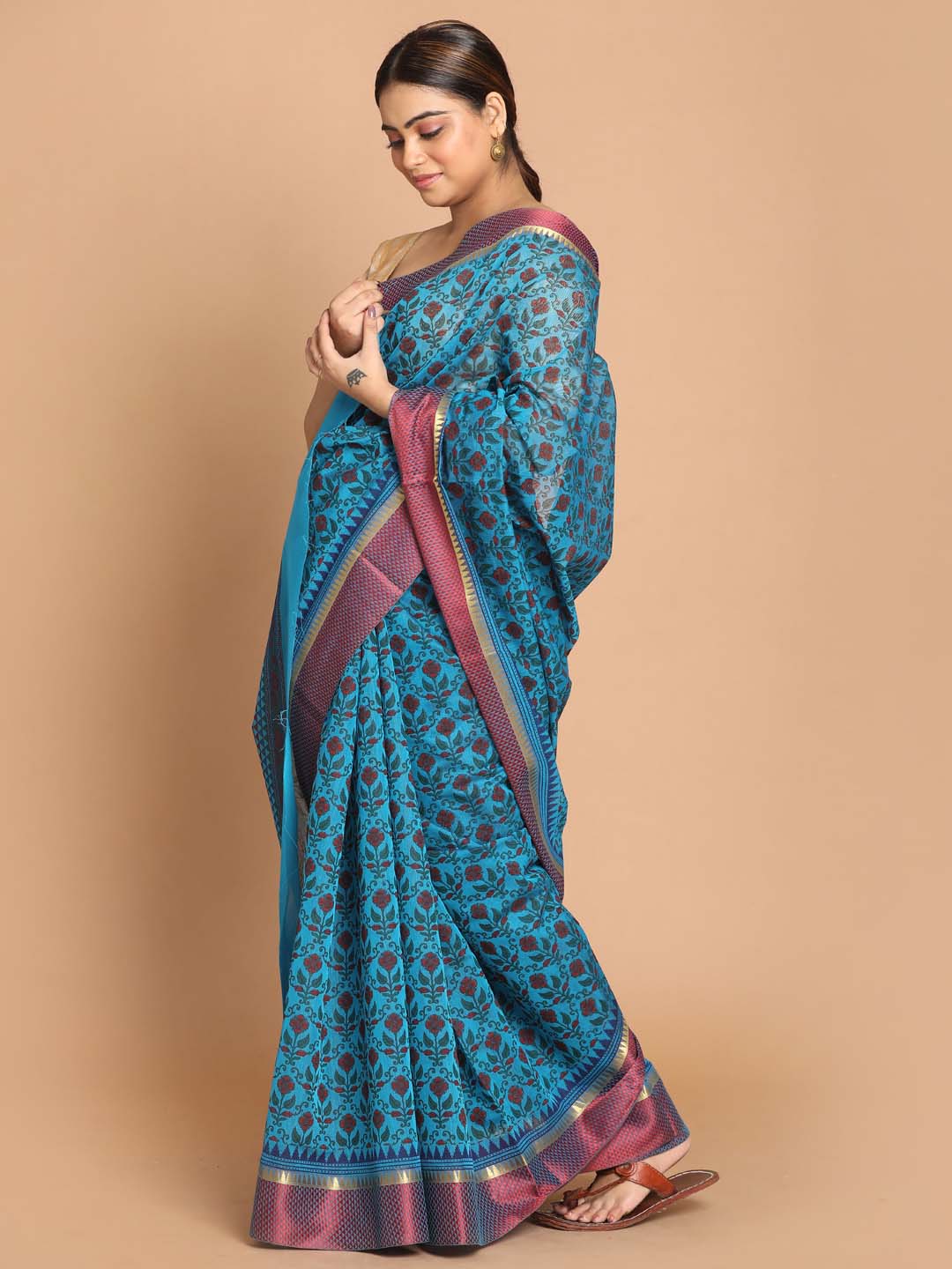 Indethnic Printed Cotton Blend Saree in Blue - View 2