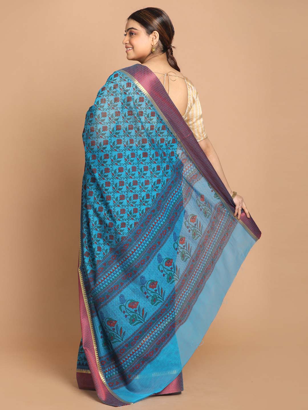 Indethnic Printed Cotton Blend Saree in Blue - View 3