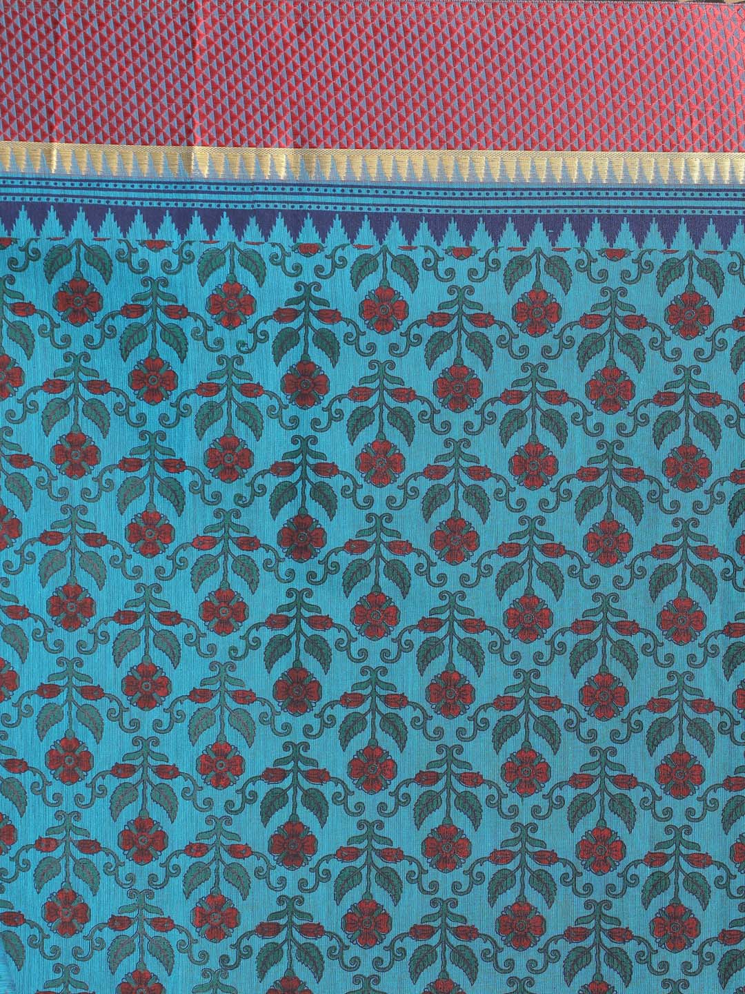 Indethnic Printed Cotton Blend Saree in Blue - Saree Detail View