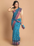 Indethnic Printed Cotton Blend Saree in Blue - View 1