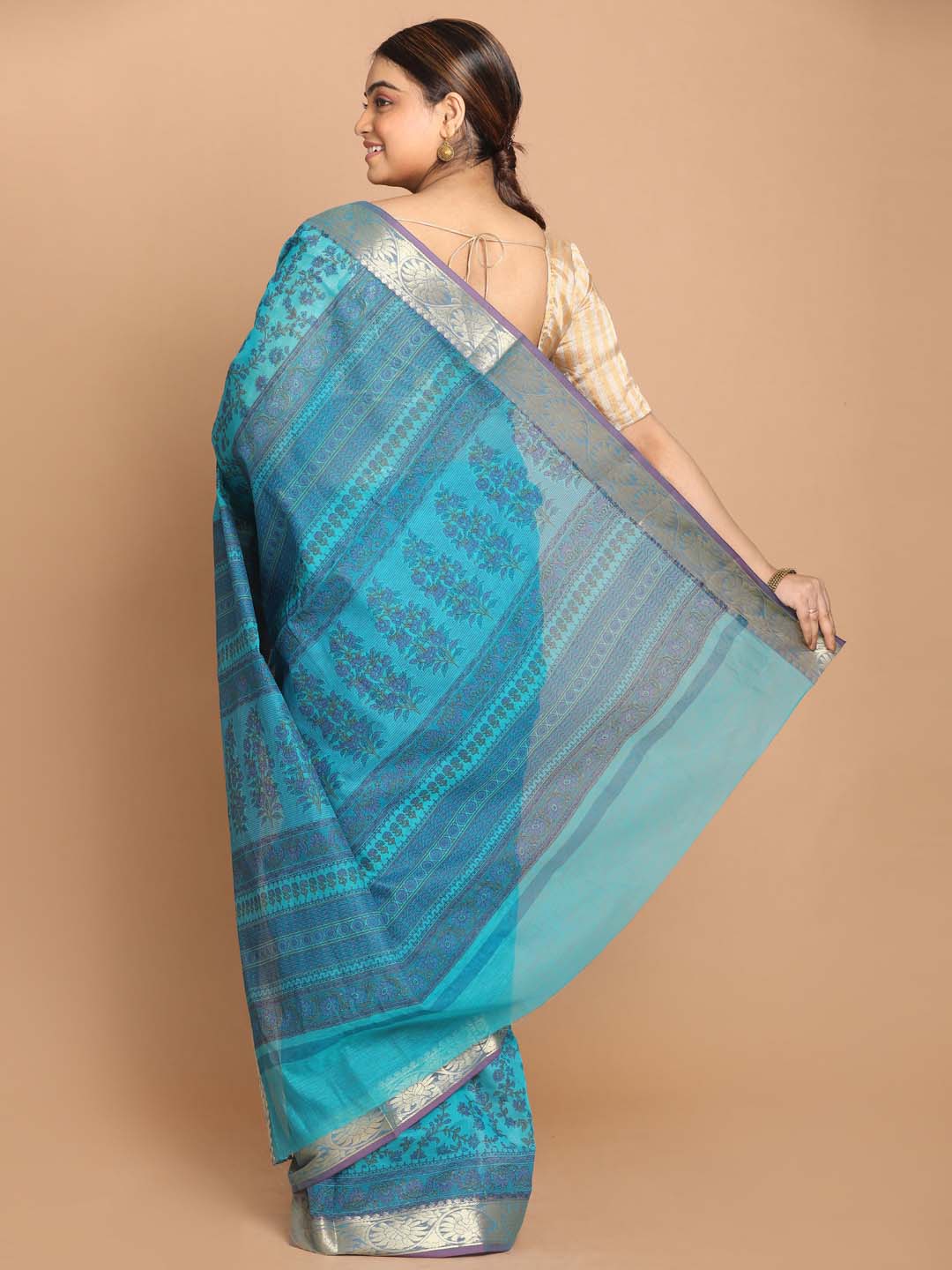 Indethnic Printed Cotton Blend Saree in Blue - View 3
