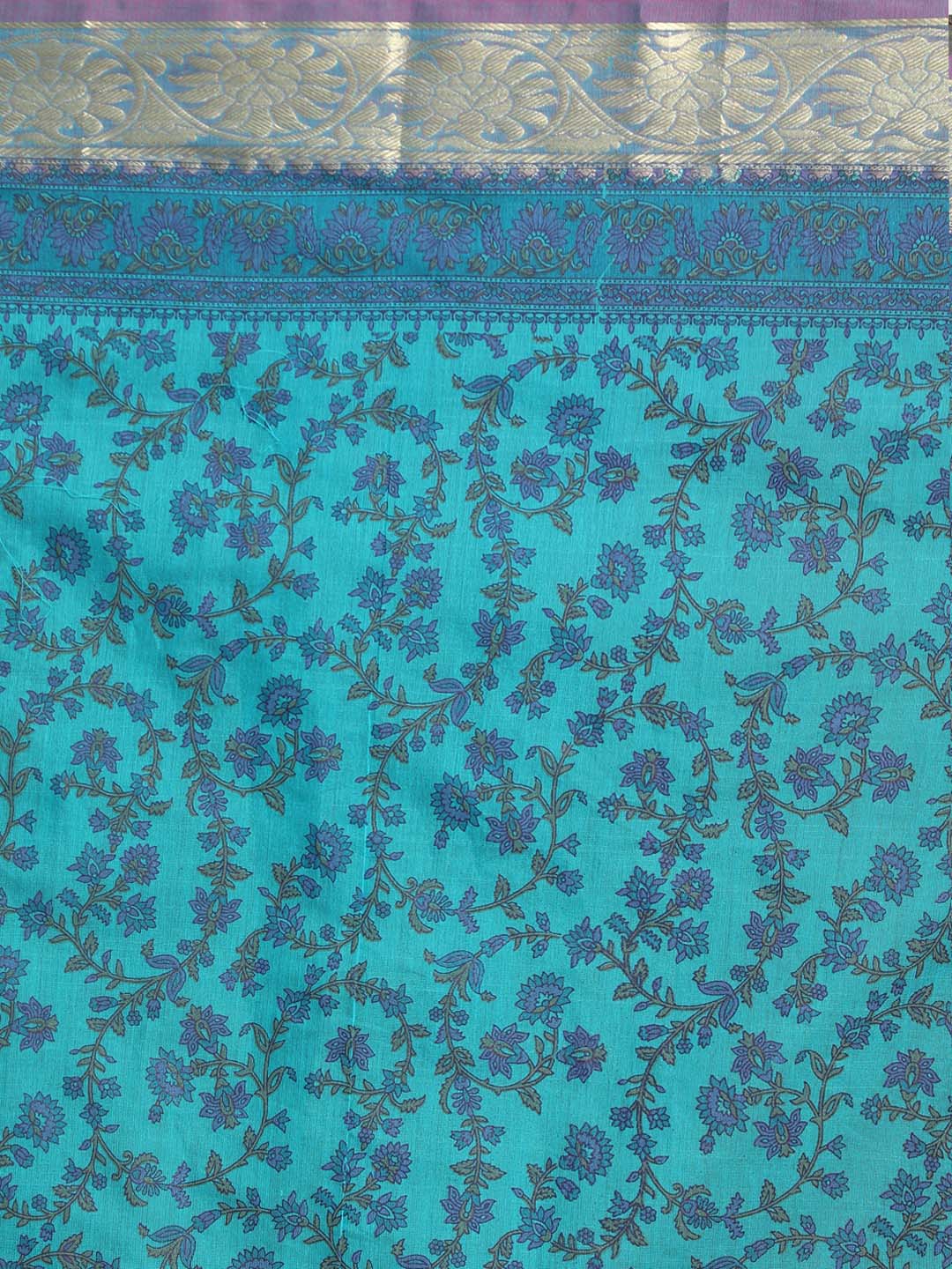 Indethnic Printed Cotton Blend Saree in Blue - Saree Detail View