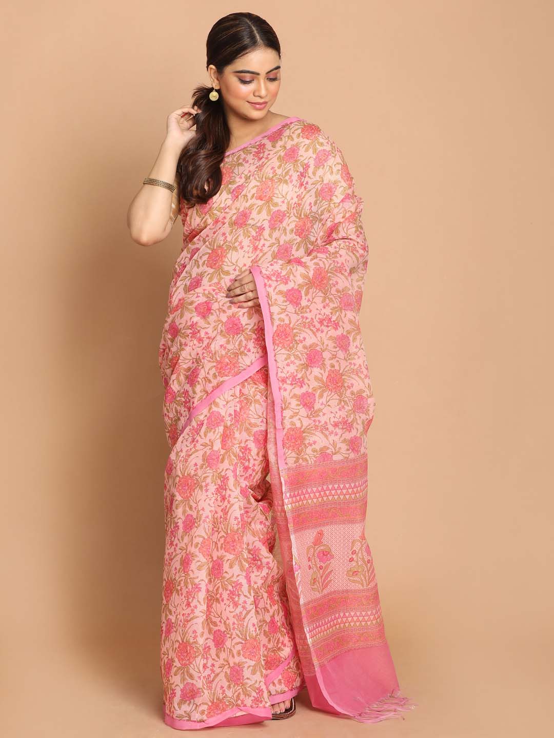 Indethnic Printed Cotton Blend Saree in Coral - View 1